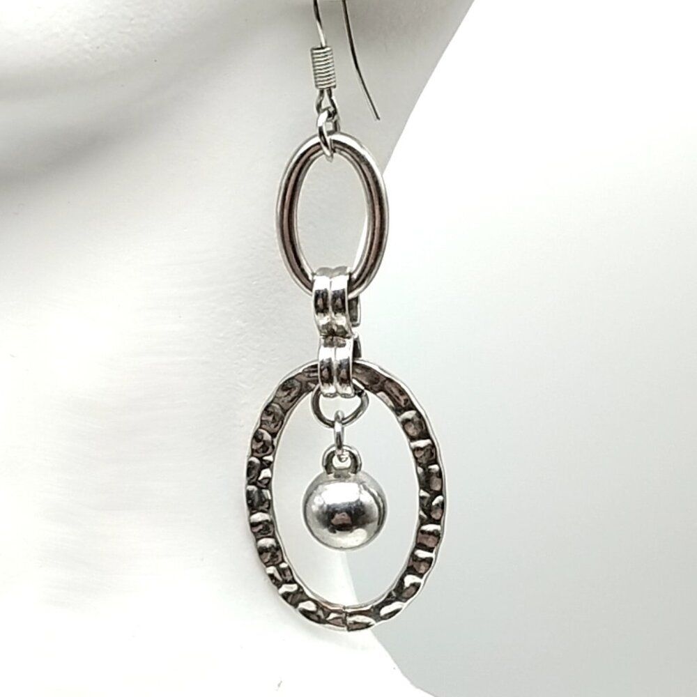 Silver Tone Dangle Earrings Textured Oval Loop and Small Swinging Bead Drop Y2K